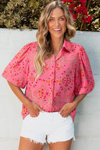 Cargar imagen en el visor de la galería, Rose Red Floral Print Wide Short Sleeve Loose Shirt