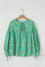Load image into Gallery viewer, Green Abstract Printed Lace-up Lantern Sleeve Babydoll Blouse