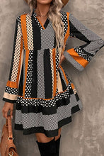 Load image into Gallery viewer, Black Striped Polka Dot Print Ruffled Hem V Neck Mini Dress