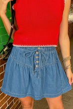 Cargar imagen en el visor de la galería, Sky Blue Half Buttons Pleated High Waist Denim Mini Skirt with Drawstring