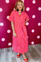 Cargar imagen en el visor de la galería, Red Stripe V Neck Cuffed Sleeve Relaxed Split Midi Dress