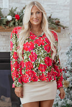 Cargar imagen en el visor de la galería, Red Floral Print Lace up V Neck Flounce Sleeve Blouse