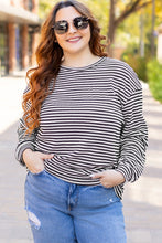 Load image into Gallery viewer, Black Stripe Drop Shoulder Puff Long Sleeve O Neck Plus Size T Shirt