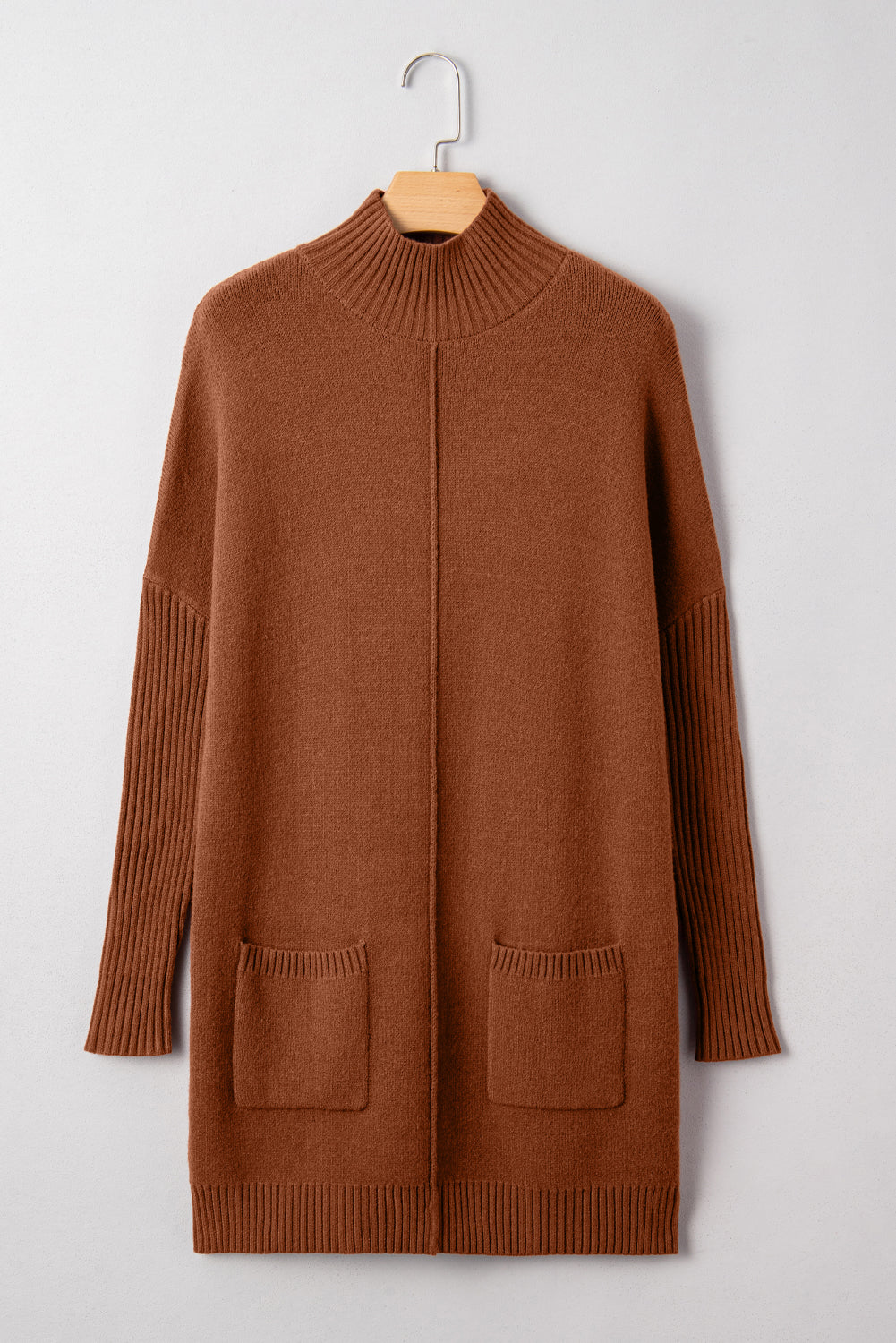 chestnut Chestnut Ribbed High Neck Front Pockets Center Seam Shift Sweater