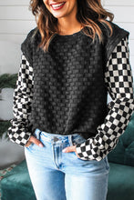 Load image into Gallery viewer, Black Plaid Textured Contrast Checkered Patchwork Long Sleeve Top