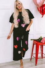 Load image into Gallery viewer, Black Sequin Heart Popping Graphic Textured 2pcs Outfit