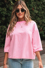 Cargar imagen en el visor de la galería, Pink Stripe Bowknot Cutout Back Drop Shoulder Wide Bracelet Sleeve Loose Tee