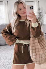Load image into Gallery viewer, Coffee Color Contrast Loose Pullover and Lace-up Waist Skort Set