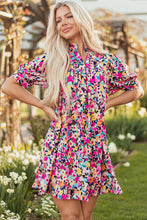 Cargar imagen en el visor de la galería, Pink Floral Puff Short Sleeve V Neck Mini Dress