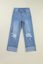 Load image into Gallery viewer, Dusk Blue High Rise Asymmetric Button Zip Fly Ripped Jeans