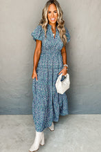 Load image into Gallery viewer, Blue Printed V Neck Shirred Short Puff Sleeve Maxi Dress