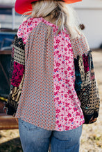 Load image into Gallery viewer, Pink Boho Mixed Floral Drop Shoulder Bubble Sleeve Blouse