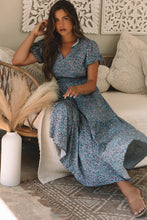 Load image into Gallery viewer, Blue Printed V Neck Shirred Short Puff Sleeve Maxi Dress