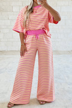 Cargar imagen en el visor de la galería, Pink Stripe Colorblock Trim Crew Neck Loose Tee Drawstring Elastic Waist 2pcs Pant Set