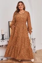 Load image into Gallery viewer, Brown Plus Size Floral Split V Neck Ruffled Sleeve Tiered Maxi Dress