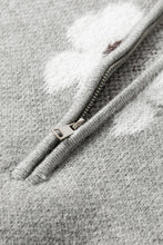 Load image into Gallery viewer, Gray Floral Pattern Half Zip Drop Shoulder Sweater