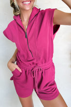 Load image into Gallery viewer, Rose Red Textured Short Sleeve Half Zip Drawstring Waist Romper