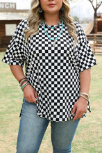 Load image into Gallery viewer, Black Checkered Print Side Slits O Neck Plus Size T Shirt