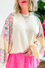 Load image into Gallery viewer, Apricot Plus Size Floral Patchwork Ribbed Puff Sleeve Top