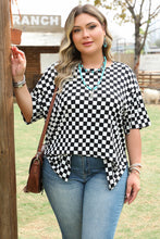 Load image into Gallery viewer, Black Checkered Print Side Slits O Neck Plus Size T Shirt