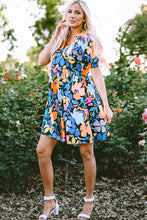 Load image into Gallery viewer, Blue Collared Split Neck Floral Flared Dress