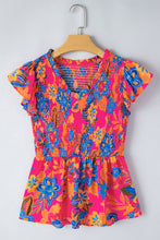 Cargar imagen en el visor de la galería, Rose Red Floral Print Smocked Ruffle Trim Flutter Sleeve Blouse