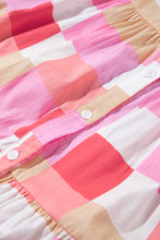 Load image into Gallery viewer, Pink Plaid Print Puff Sleeve Buttoned Tiered Dress