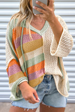 Load image into Gallery viewer, Beige Pointelle Knit Colorblock Patchwork V Neck Hooded Plus Sweater