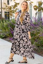 Load image into Gallery viewer, Black Plus Size Floral Printed Puff Sleeve Collared Maxi Dress