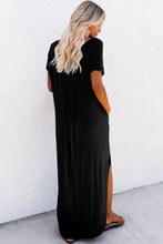 Cargar imagen en el visor de la galería, Black V Neck Hidden Pocket Splits Maxi T-shirt Dress