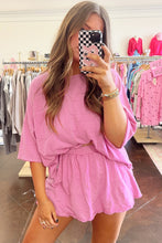 Cargar imagen en el visor de la galería, Sachet Pink Loose Fit Half Sleeve T Shirt and High Waist Skirt Set