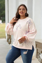 Load image into Gallery viewer, Parchment Embroidered Bow Lantern Sleeve Oversized Pullover Sweatshirt
