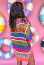 Load image into Gallery viewer, Orange Stripe Colorblock Hollowed Crochet 3/4 Sleeve Sweater