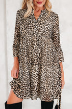 Load image into Gallery viewer, Khaki Leopard 3/4 Sleeve V Neck Swing Dress