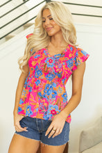 Cargar imagen en el visor de la galería, Rose Red Floral Print Smocked Ruffle Trim Flutter Sleeve Blouse