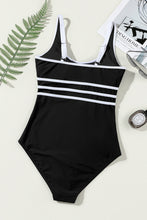 Load image into Gallery viewer, Black Contrast Trim Colorblock U Neck One Piece Swimwear