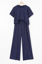 Load image into Gallery viewer, Navy Blue Raw Hem Loose Tee and Wide Leg Pants Set