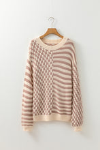 Load image into Gallery viewer, Khaki Stripe Checkerboard Drop Shoulder Balloon Sleeve Sweater