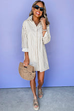 Load image into Gallery viewer, Khaki Stripe Long Sleeve Button Up Mini Shirt Dress