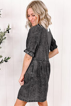 Load image into Gallery viewer, Medium Grey Mineral Wash Ruffled Short Sleeve Buttoned Denim Dress
