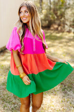 Load image into Gallery viewer, Multicolor Color Block Tiered Puff Sleeve Dress