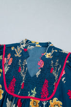 Load image into Gallery viewer, Blue Floral Print Gathered Neckline 7/8 Sleeve Casual Midi Dress