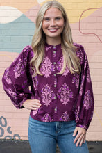 Load image into Gallery viewer, Purple Floral Print Button Front Long Puff Sleeve Shirt
