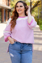 Load image into Gallery viewer, Pink Stripe Patchwork Bracelet Sleeve Plus Size T Shirt