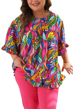Cargar imagen en el visor de la galería, Rose Abstract Print Plus Size Frilly Trim Blouse