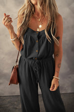 Load image into Gallery viewer, Black Knotted Straps Button Textured Drawstring Jumpsuit