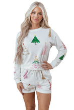 Load image into Gallery viewer, White Stripe Multi Christmas Tree Long Sleeve Top and Shorts 2pcs Lounge Set