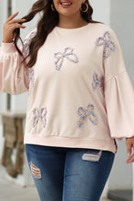 Load image into Gallery viewer, Parchment Embroidered Bow Lantern Sleeve Oversized Pullover Sweatshirt