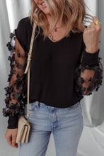 Load image into Gallery viewer, Black Flower Applique Mesh Long Sleeve V Neck Blouse