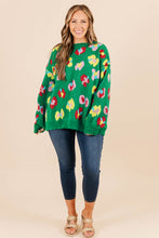 Load image into Gallery viewer, Green Plus Size Floral Knitted Ribbed Edge Drop Shoulder Sweater